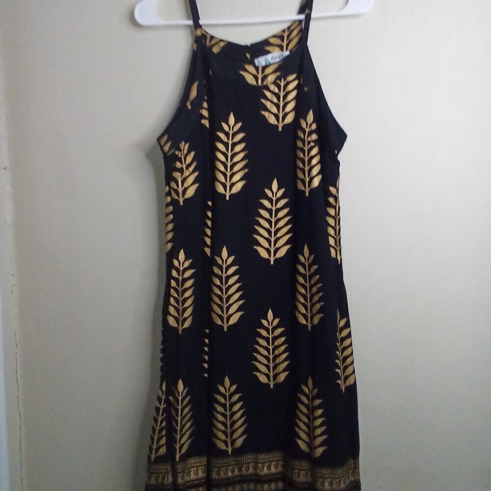 Lapogee Dress Women M Sleeveless Straps Pattern Black Gold